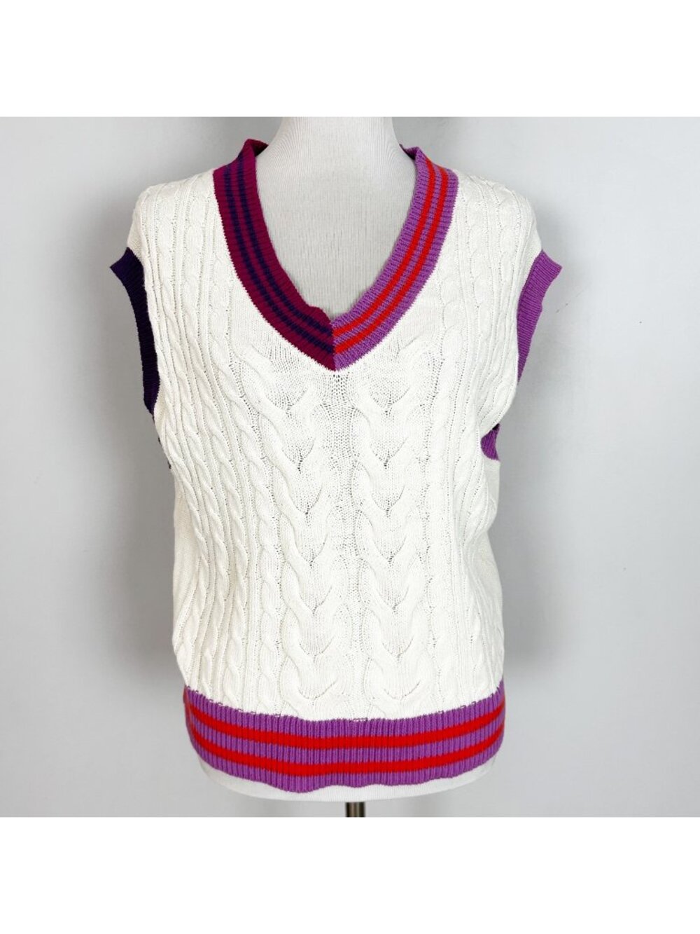 Women's Sweater Vest Ivory Cableknit Boxy Relaxed Oversized Retro Size XS